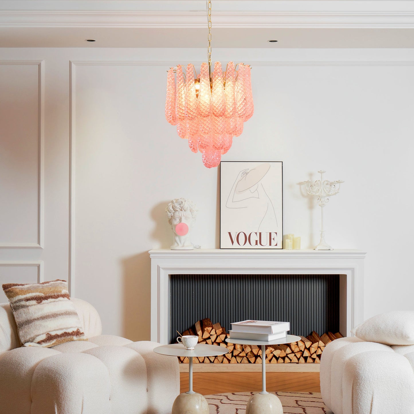 Elegant Pink Glass Droplet Chandelier - Adjustable Height, Modern Desi
