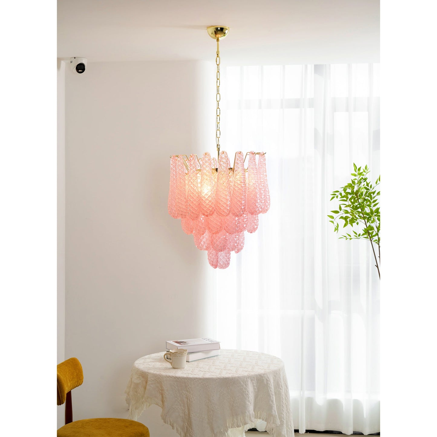 Elegant Pink Glass Droplet Chandelier - Adjustable Height, Modern Desi