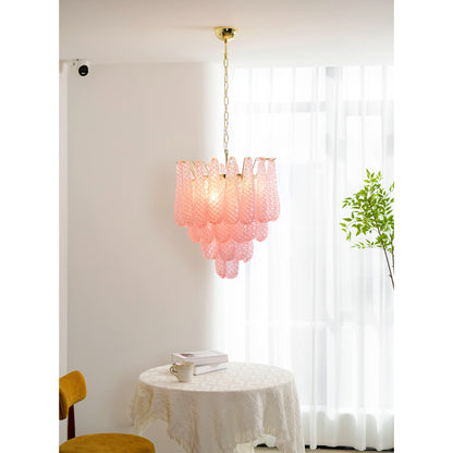Elegant Pink Glass Droplet Chandelier - Adjustable Height, Modern Desi