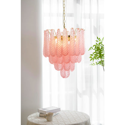 Elegant Pink Glass Droplet Chandelier - Adjustable Height, Modern Desi