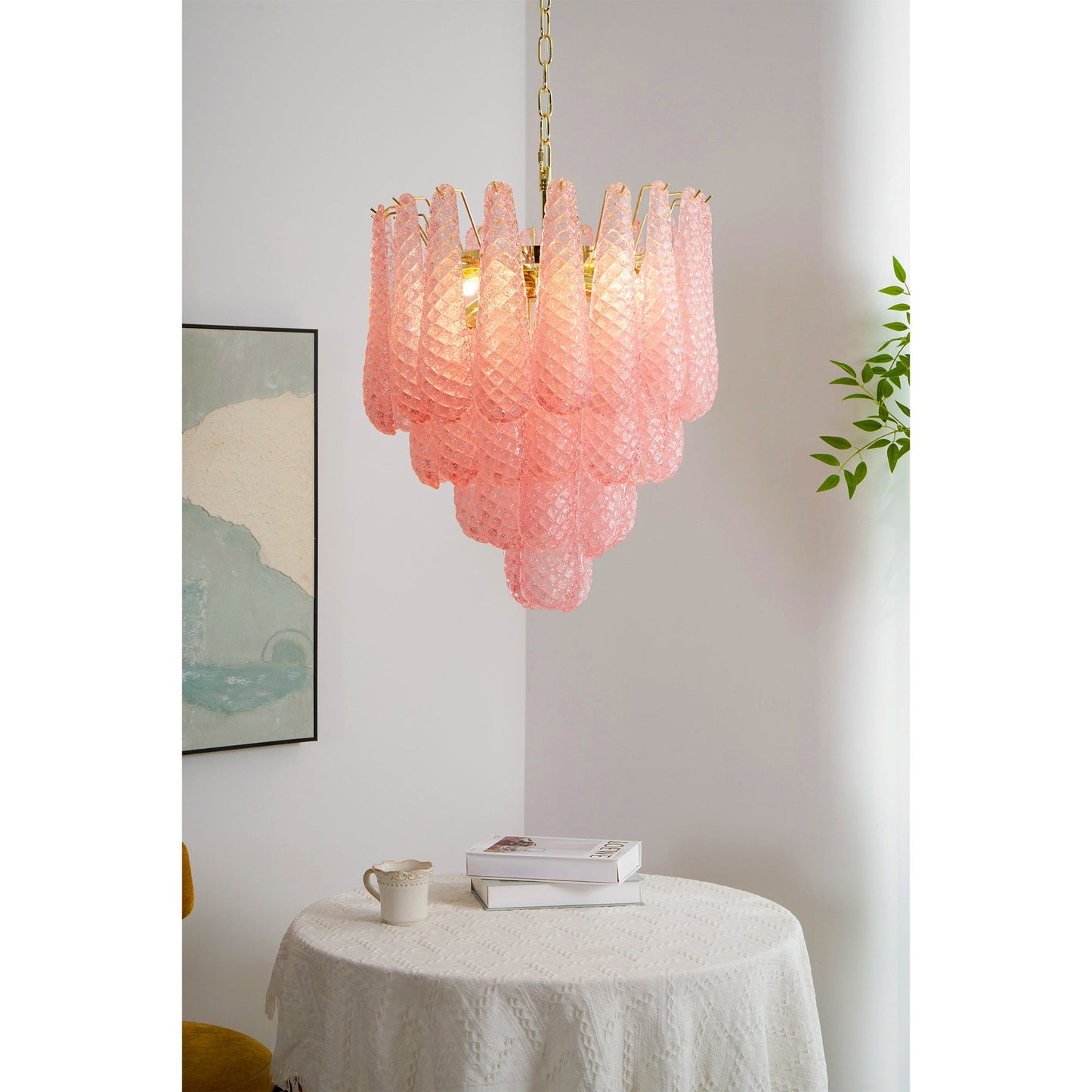 Elegant Pink Glass Droplet Chandelier - Adjustable Height, Modern Desi