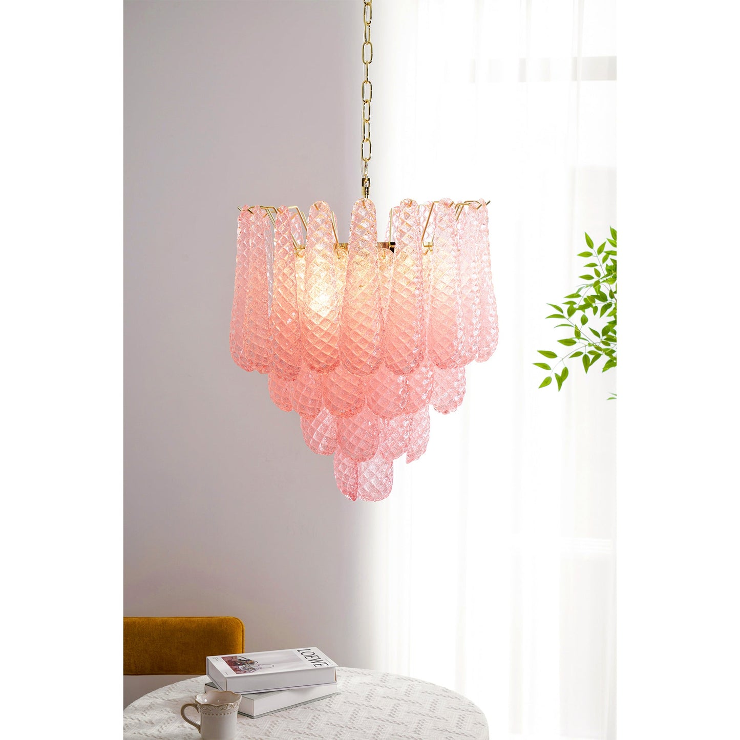 Elegant Pink Glass Droplet Chandelier - Adjustable Height, Modern Desi