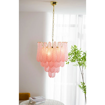 Elegant Pink Glass Droplet Chandelier - Adjustable Height, Modern Desi