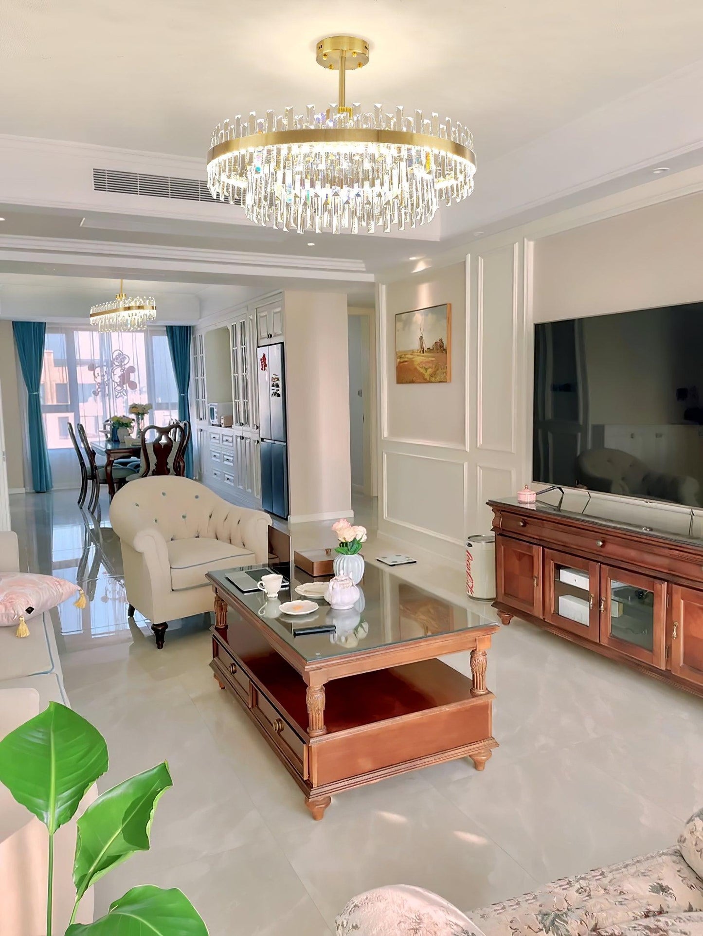 Elegant Drum Glass Chandelier with Adjustable Height & LED Compatibili
