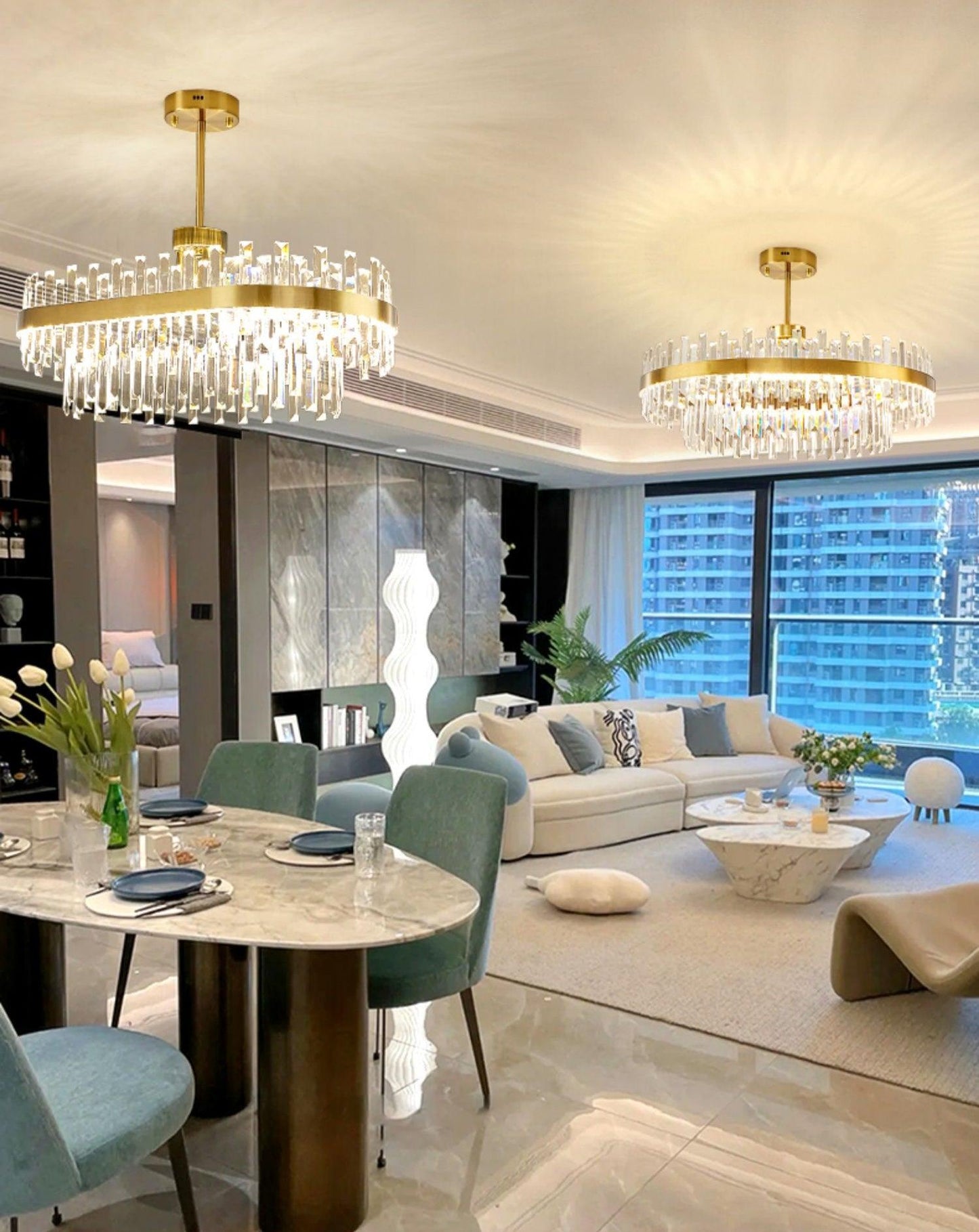 Elegant Drum Glass Chandelier with Adjustable Height & LED Compatibili