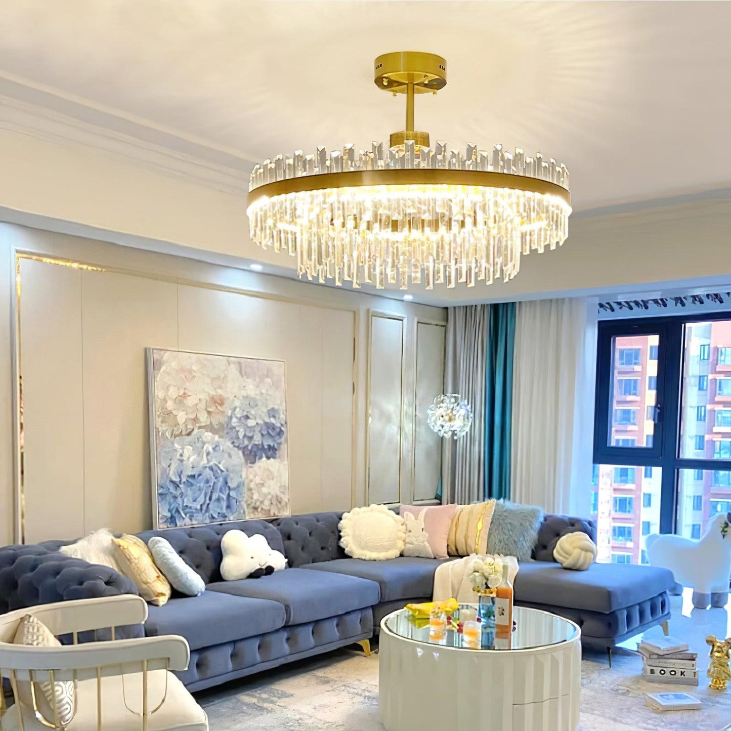 Elegant Drum Glass Chandelier with Adjustable Height & LED Compatibili
