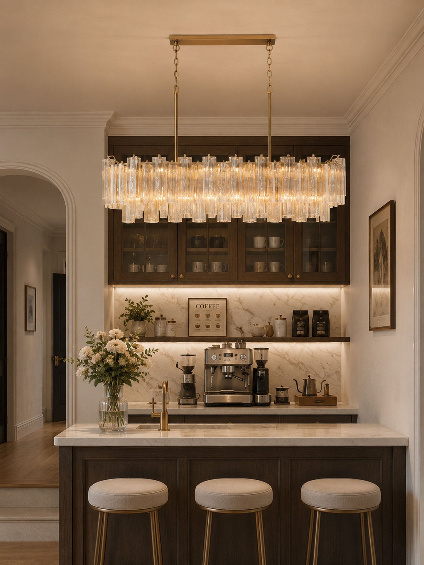 Eloria Modern Glass Linear Chandelier with Adjustable Height & LED Lig