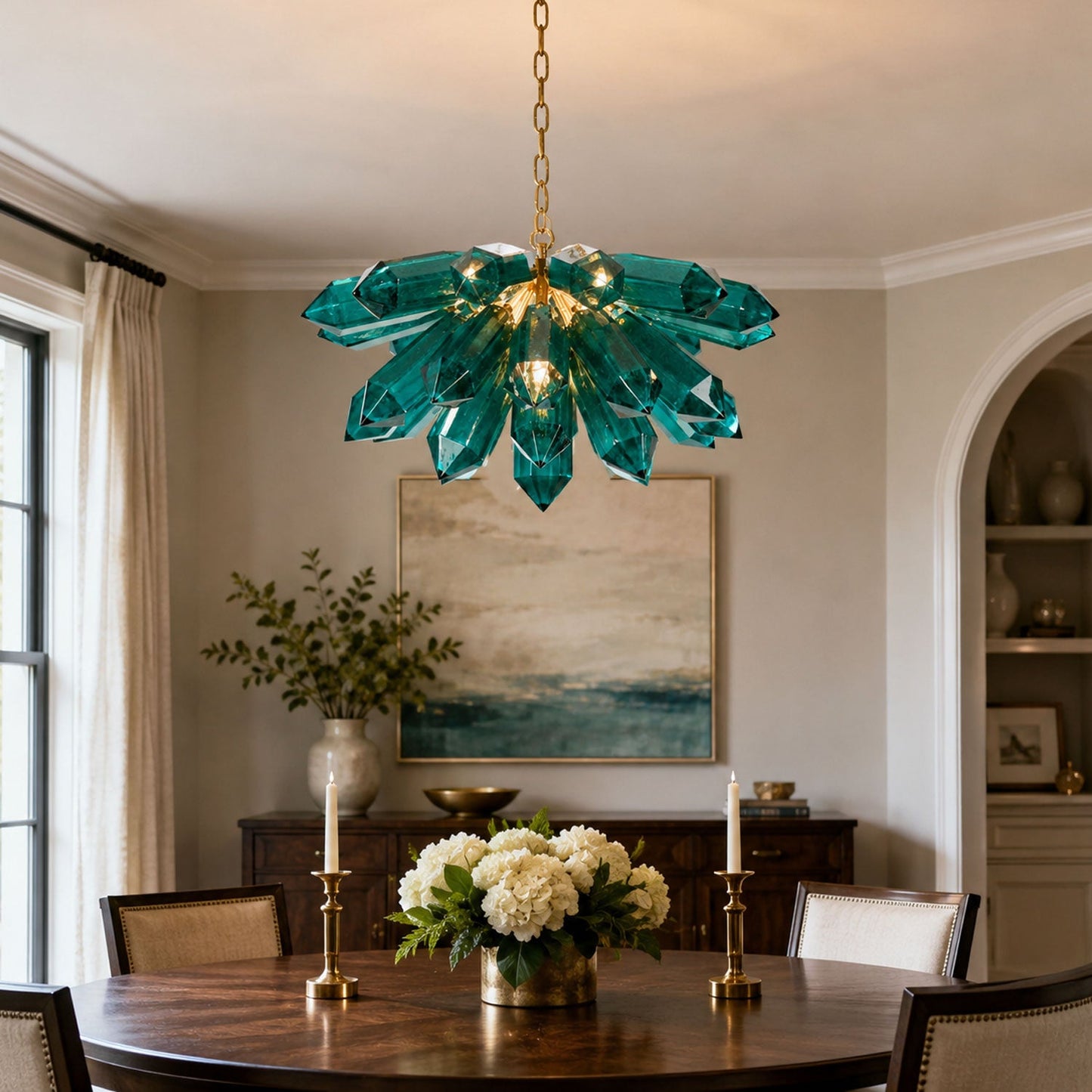 Emerald Crystal Chandelier - Elegant Lighting with Adjustable Height &