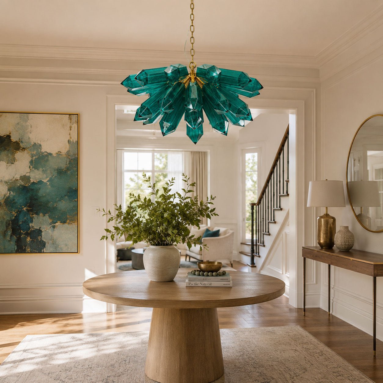 Emerald Crystal Chandelier - Elegant Lighting with Adjustable Height &