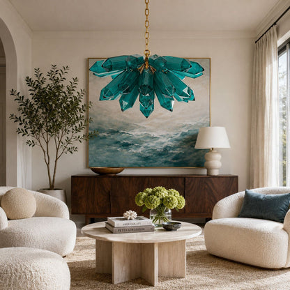Emerald Crystal Chandelier - Elegant Lighting with Adjustable Height &