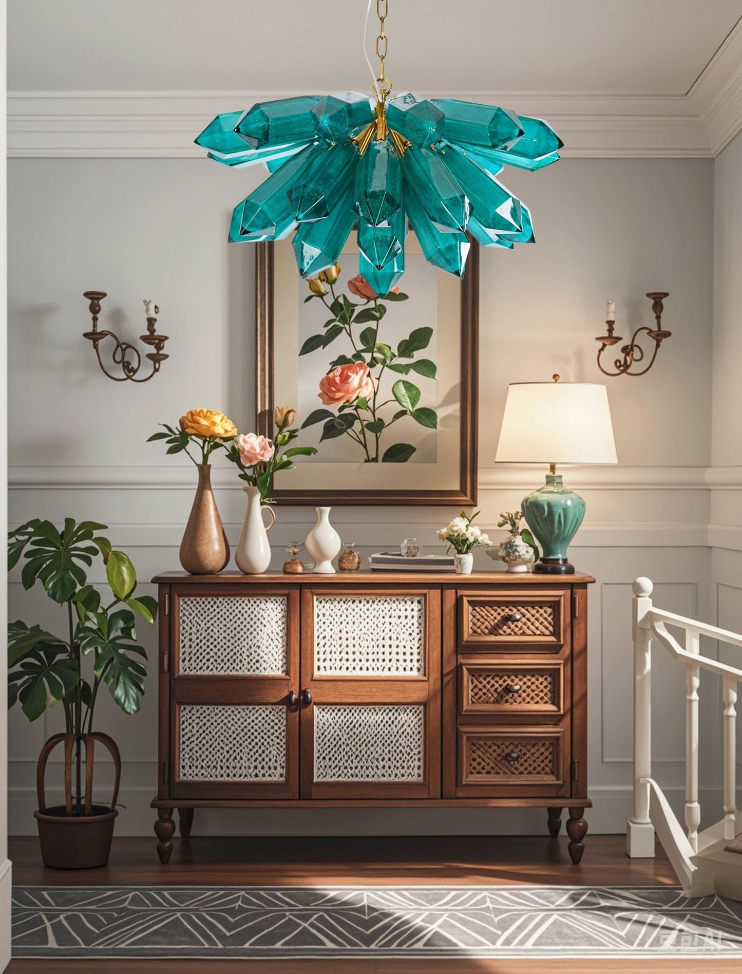 Emerald Crystal Chandelier - Elegant Lighting with Adjustable Height &