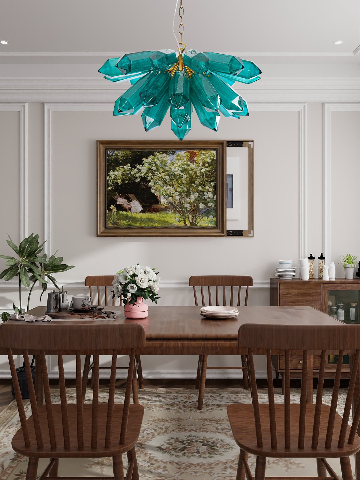 Emerald Crystal Chandelier - Elegant Lighting with Adjustable Height &