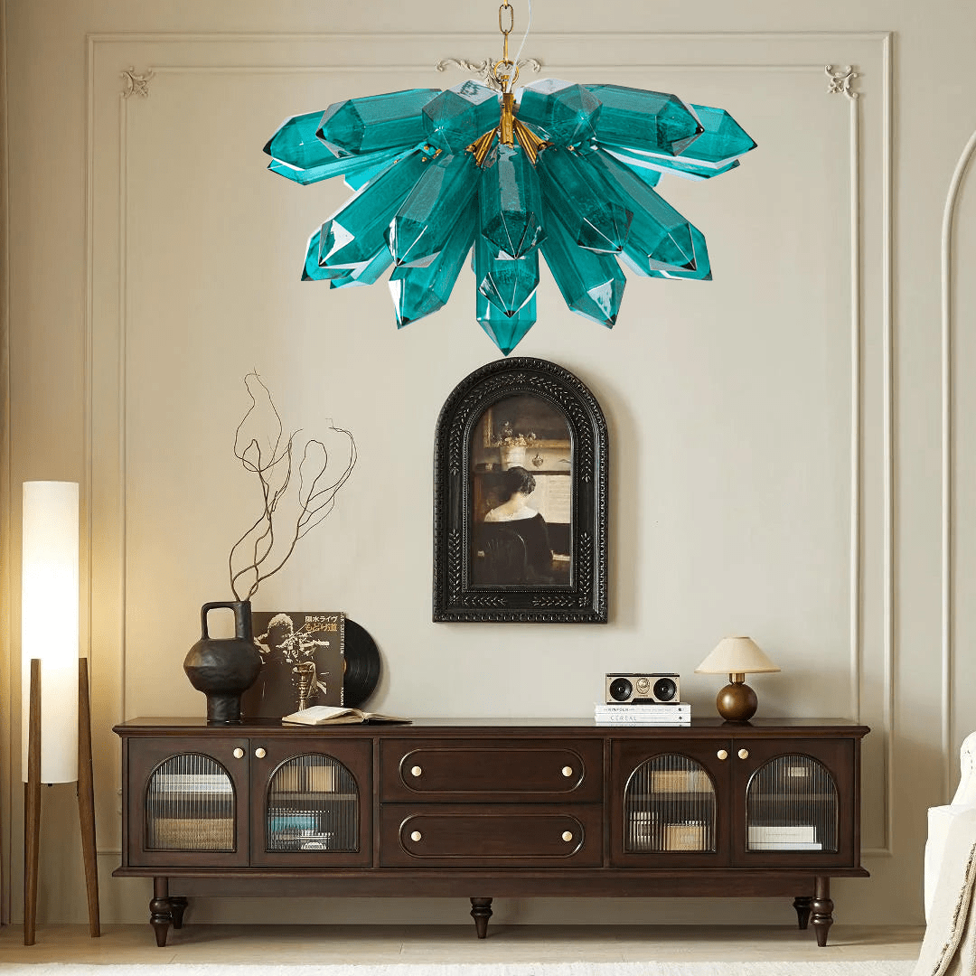 Emerald Crystal Chandelier - Elegant Lighting with Adjustable Height &