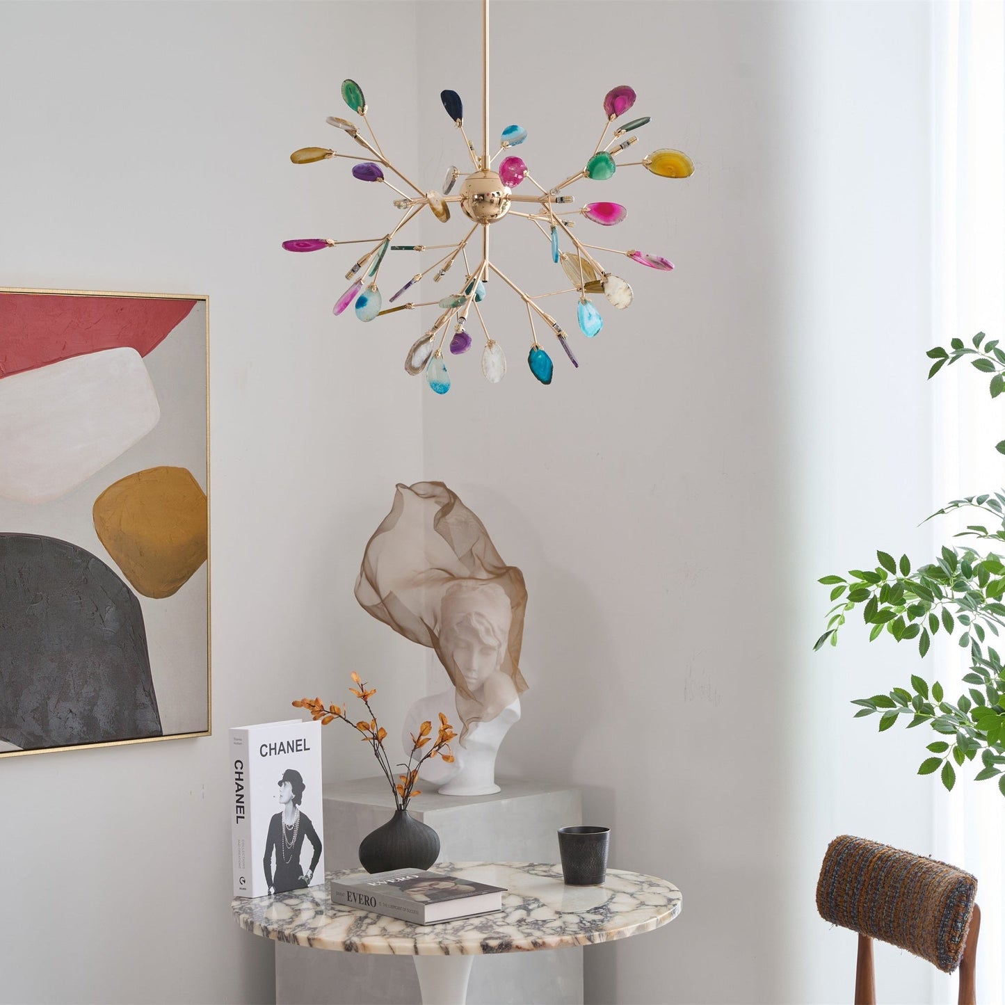 Elegant Agate Flake Chandelier with Adjustable Height & Soft Lighting