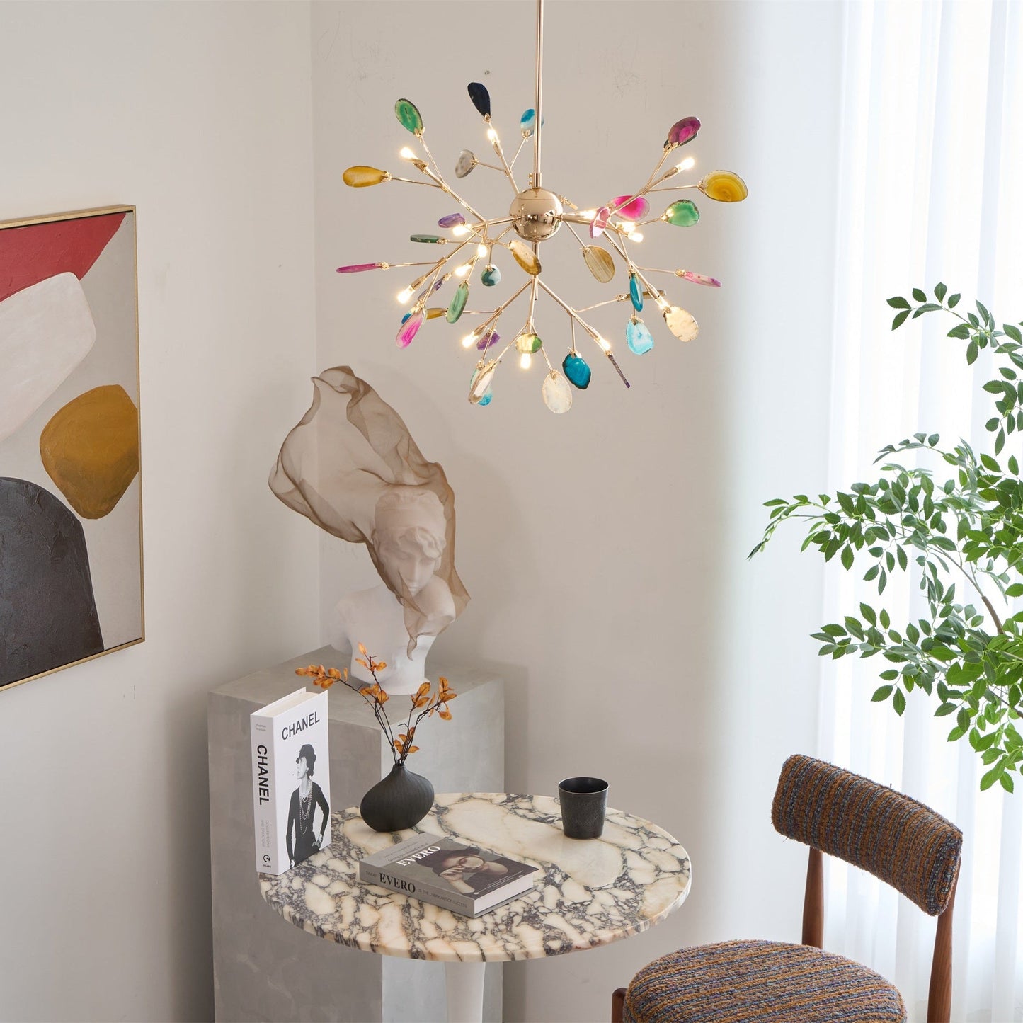Elegant Agate Flake Chandelier with Adjustable Height & Soft Lighting