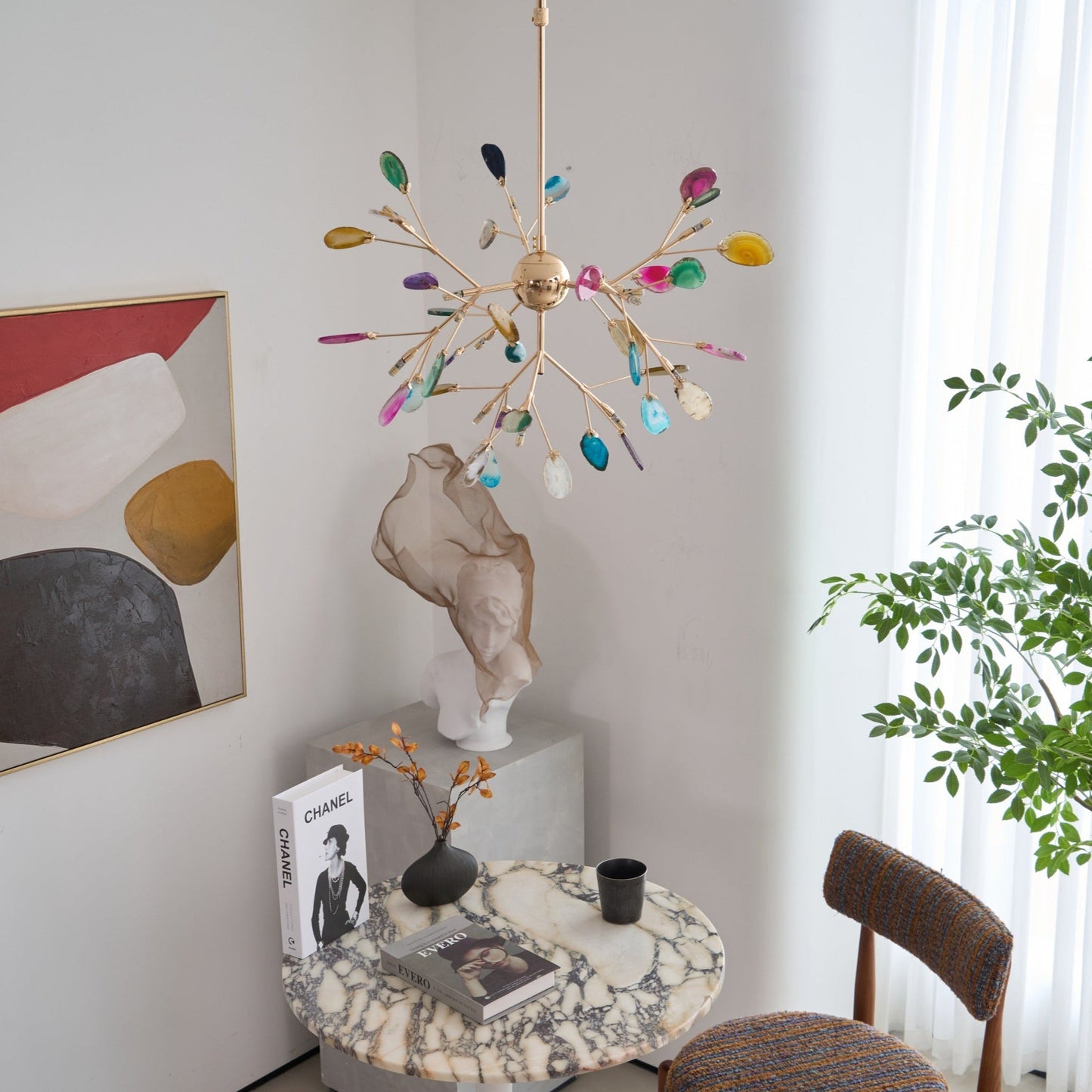 Elegant Agate Flake Chandelier with Adjustable Height & Soft Lighting