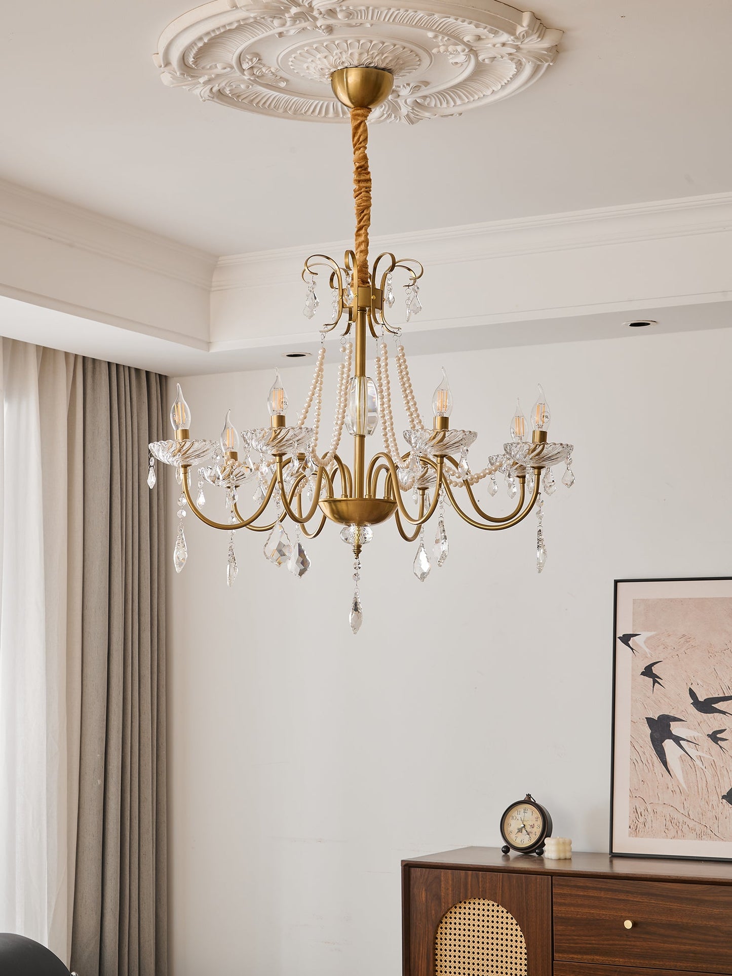 Evaria Crystal Pearl Chandelier - Elegant Design with Adjustable Heigh