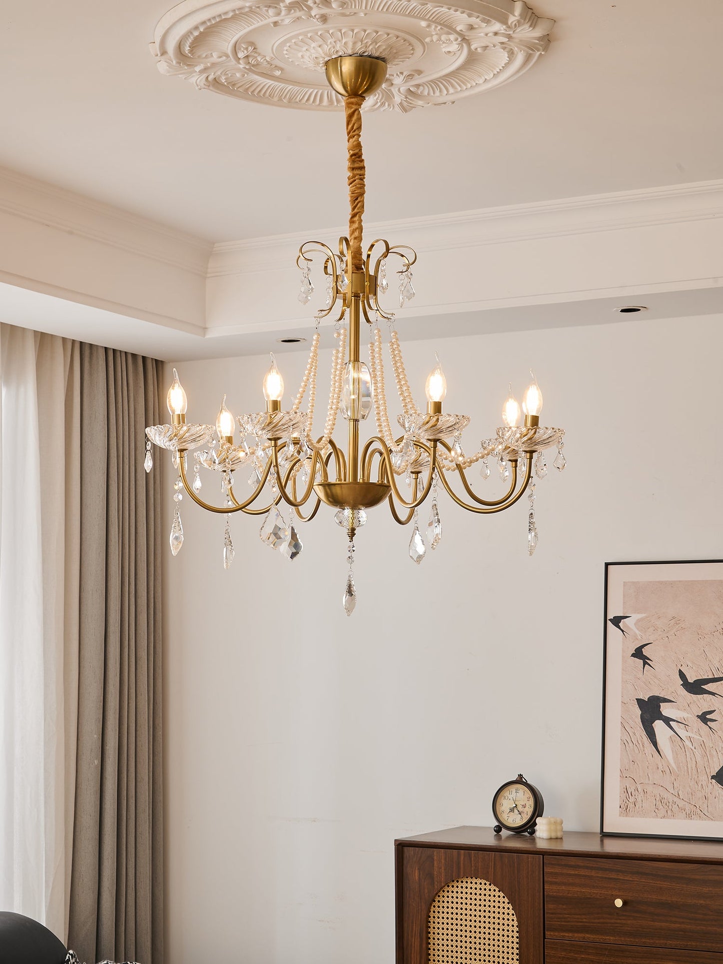 Evaria Crystal Pearl Chandelier - Elegant Design with Adjustable Heigh
