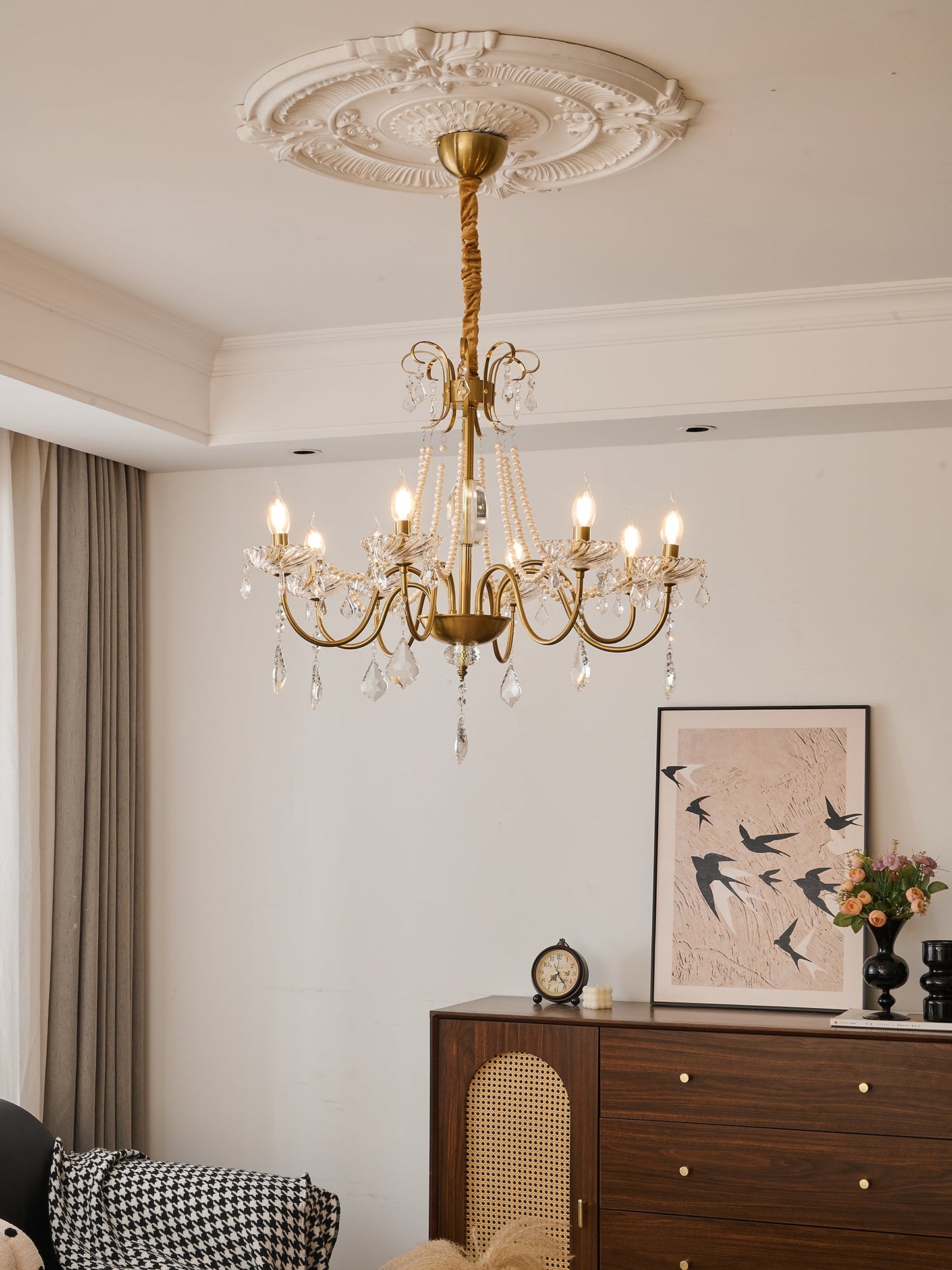 Evaria Crystal Pearl Chandelier - Elegant Design with Adjustable Heigh
