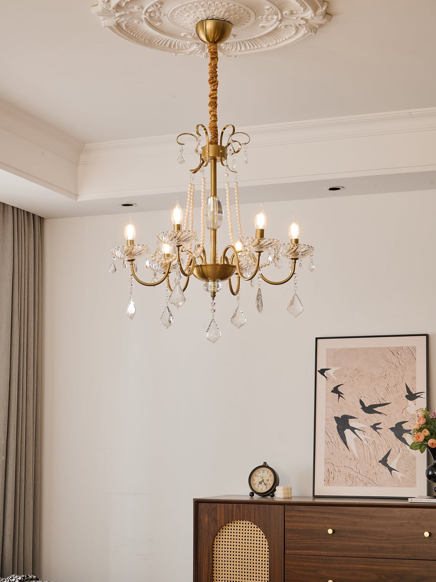 Evaria Crystal Pearl Chandelier - Elegant Design with Adjustable Heigh