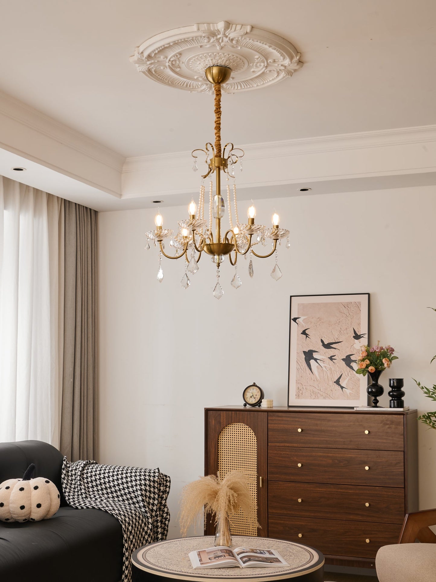 Evaria Crystal Pearl Chandelier - Elegant Design with Adjustable Heigh