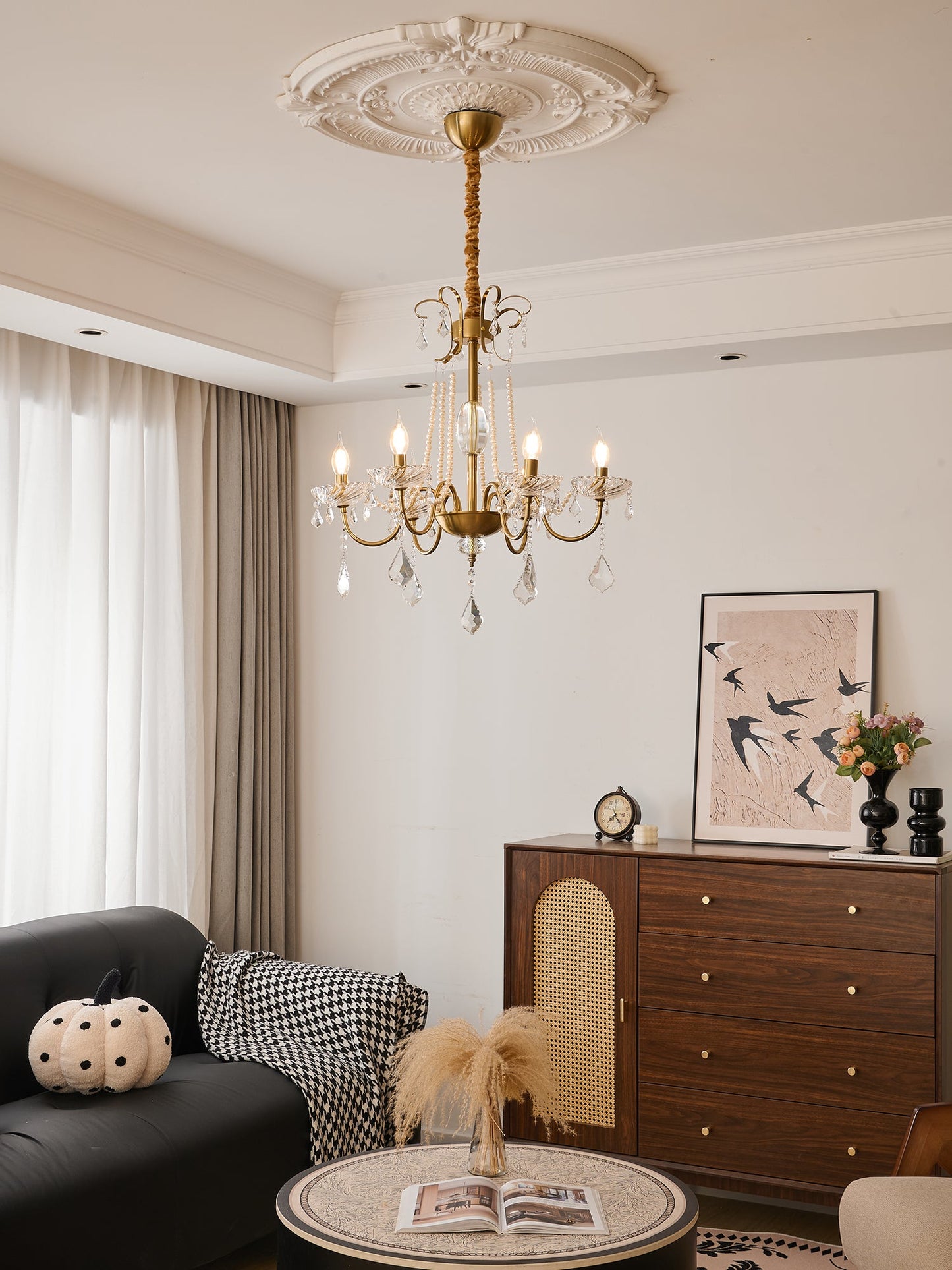 Evaria Crystal Pearl Chandelier - Elegant Design with Adjustable Heigh