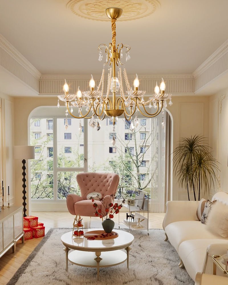 Evaria Crystal Pearl Chandelier - Elegant Design with Adjustable Heigh