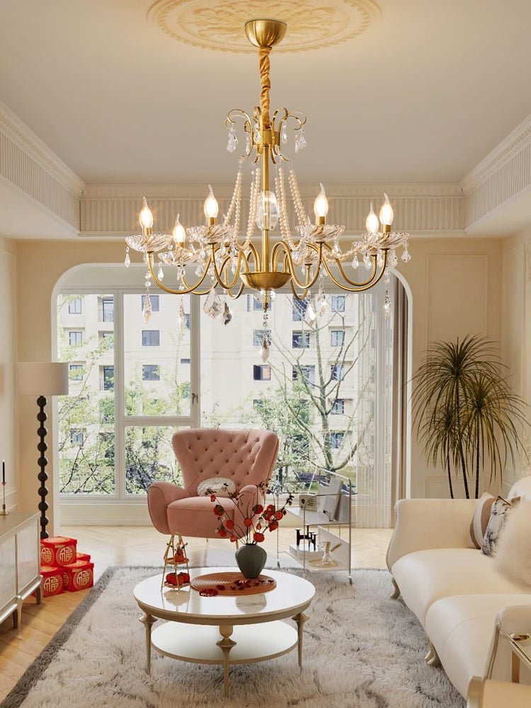 Evaria Crystal Pearl Chandelier - Elegant Design with Adjustable Heigh