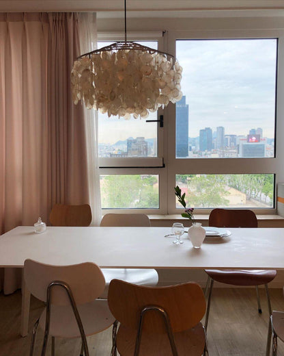 Elegant Round Shell Chandelier with Adjustable Height & Soft Lighting