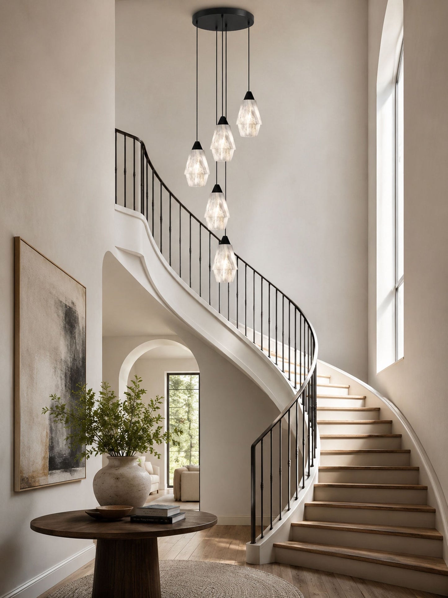 Faceted Alabaster Cluster Chandelier - Elegant Design & Adjustable Hei
