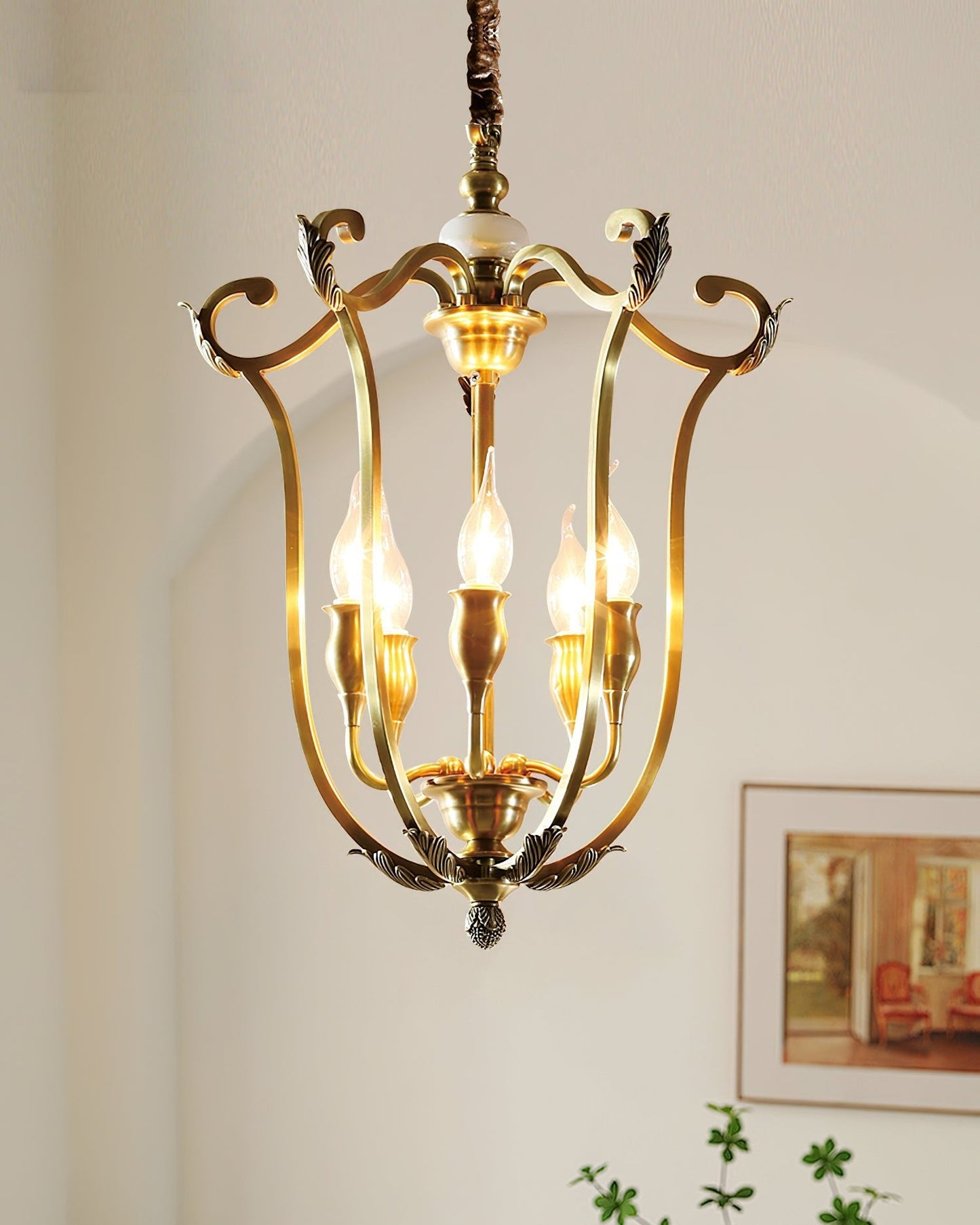 Rustic Farmhouse Lantern Chandelier with Adjustable Height & Warm Glow