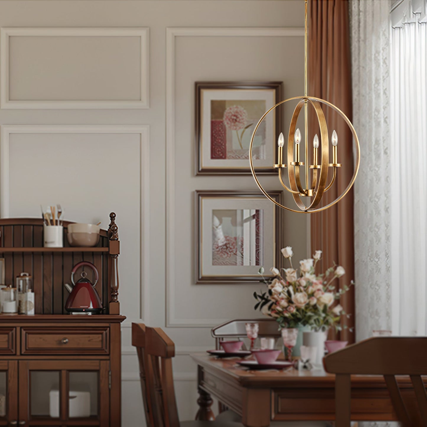 Rustic Farmhouse Lantern Chandelier with Adjustable Height & Warm Glow