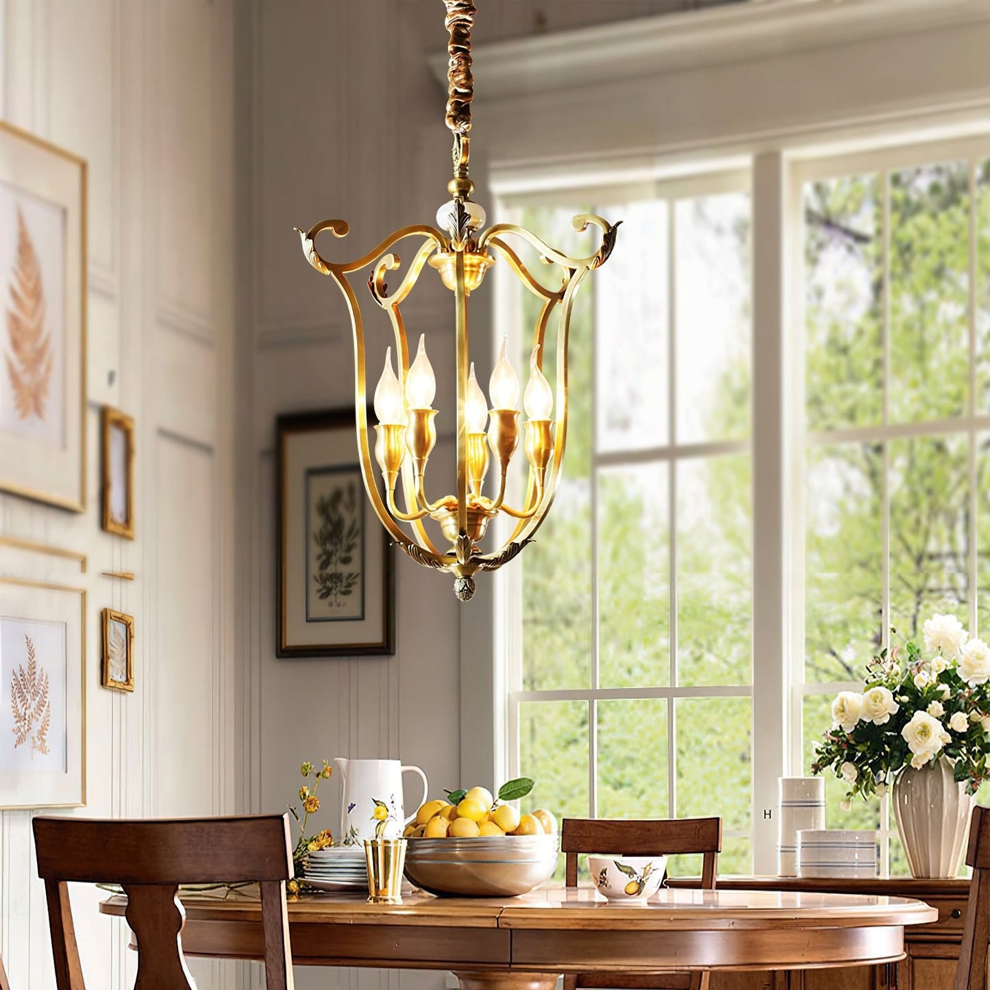 Rustic Farmhouse Lantern Chandelier with Adjustable Height & Warm Glow