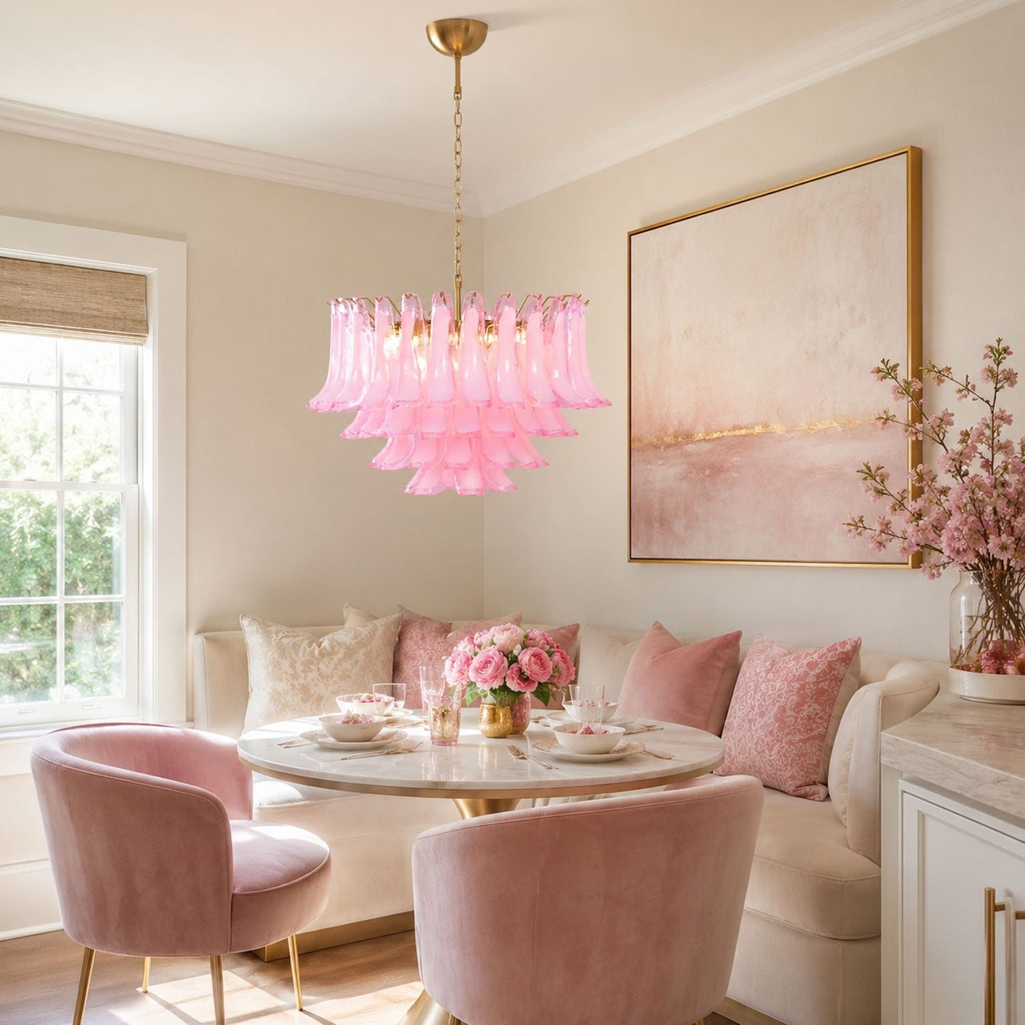 Fiora Pink Glass Chandelier - Elegant Design with Adjustable Height &