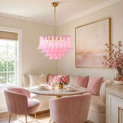 Fiora Pink Glass Chandelier - Elegant Design with Adjustable Height &