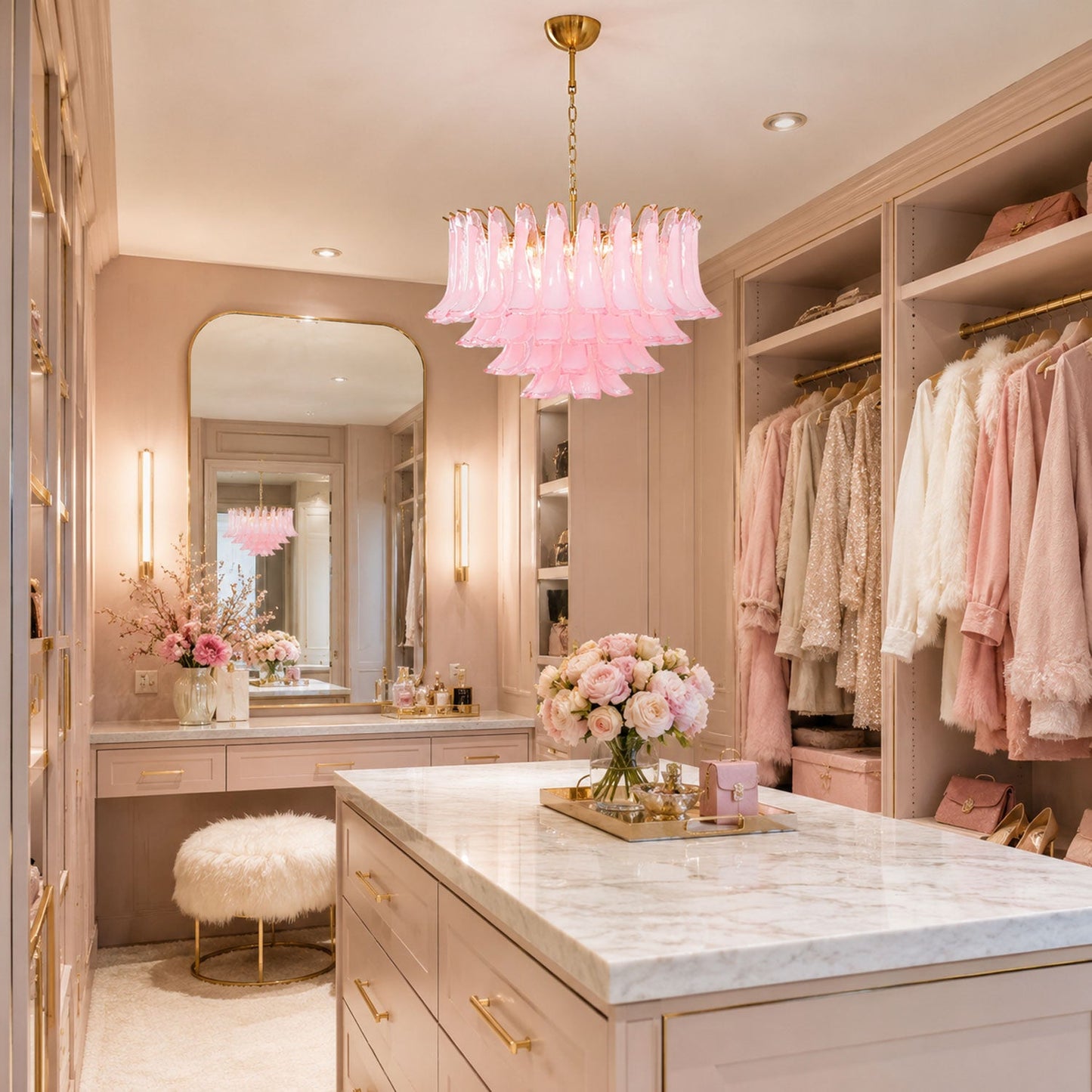 Fiora Pink Glass Chandelier - Elegant Design with Adjustable Height &