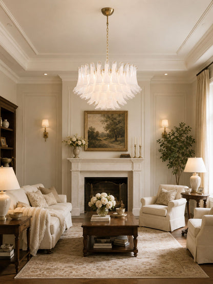 Fiora Pink Glass Chandelier - Elegant Design with Adjustable Height &