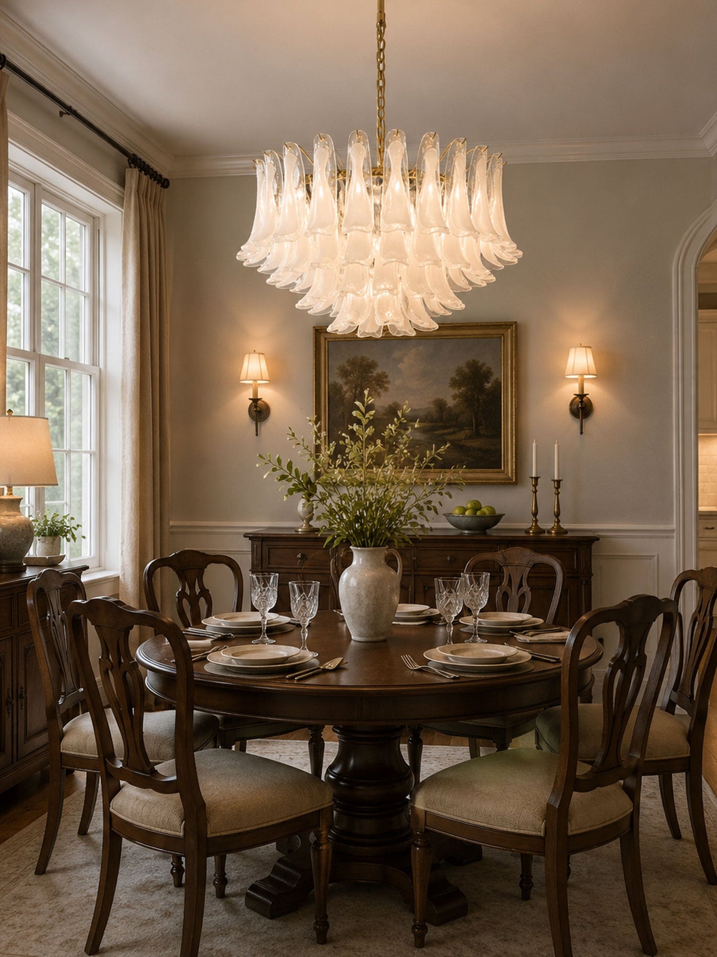 Fiora Pink Glass Chandelier - Elegant Design with Adjustable Height &