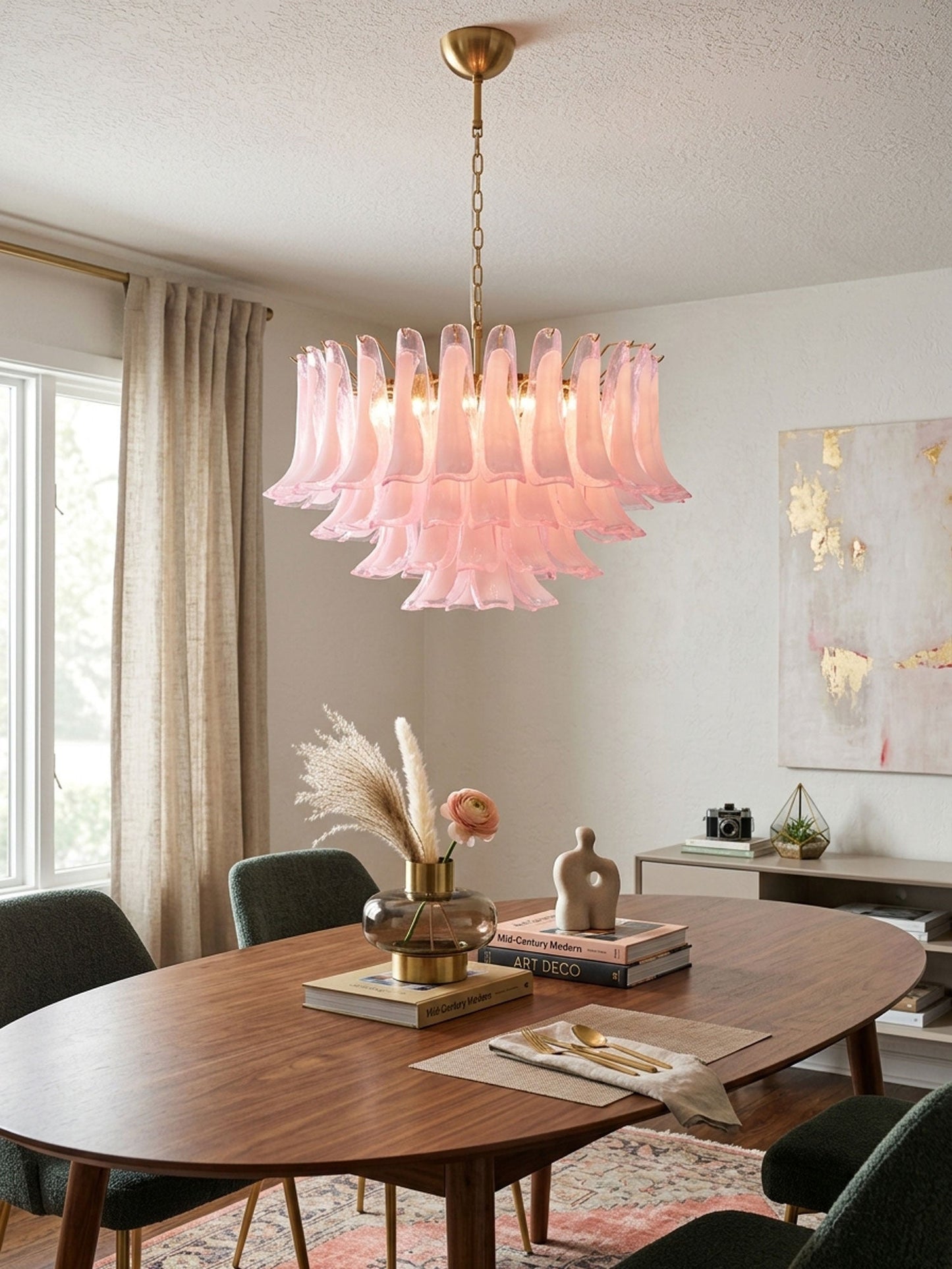 Fiora Pink Glass Chandelier - Elegant Design with Adjustable Height &