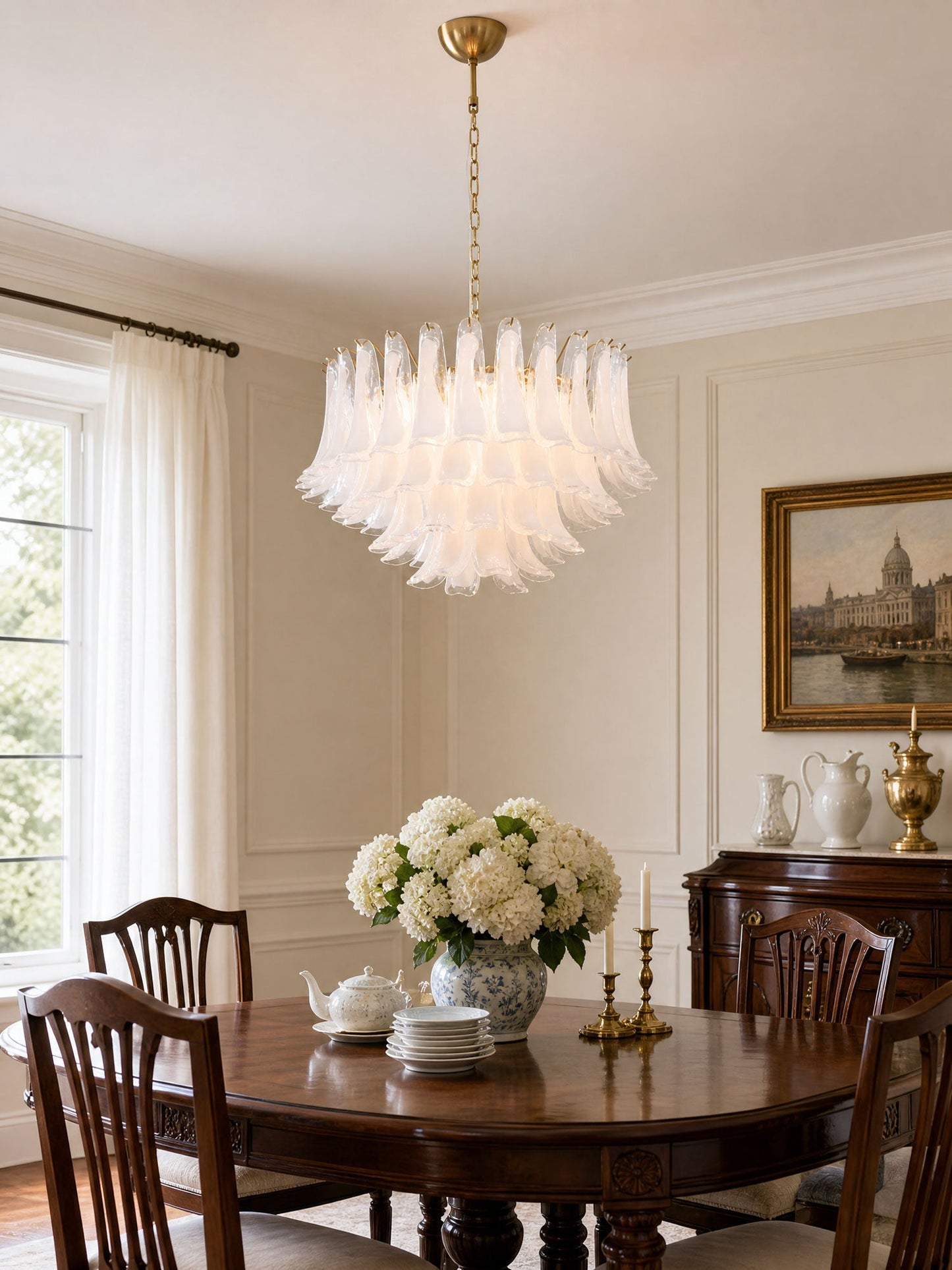 Fiora Pink Glass Chandelier - Elegant Design with Adjustable Height &