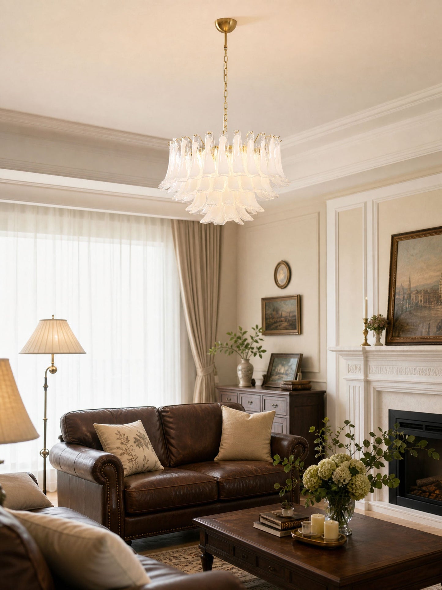 Fiora Pink Glass Chandelier - Elegant Design with Adjustable Height &