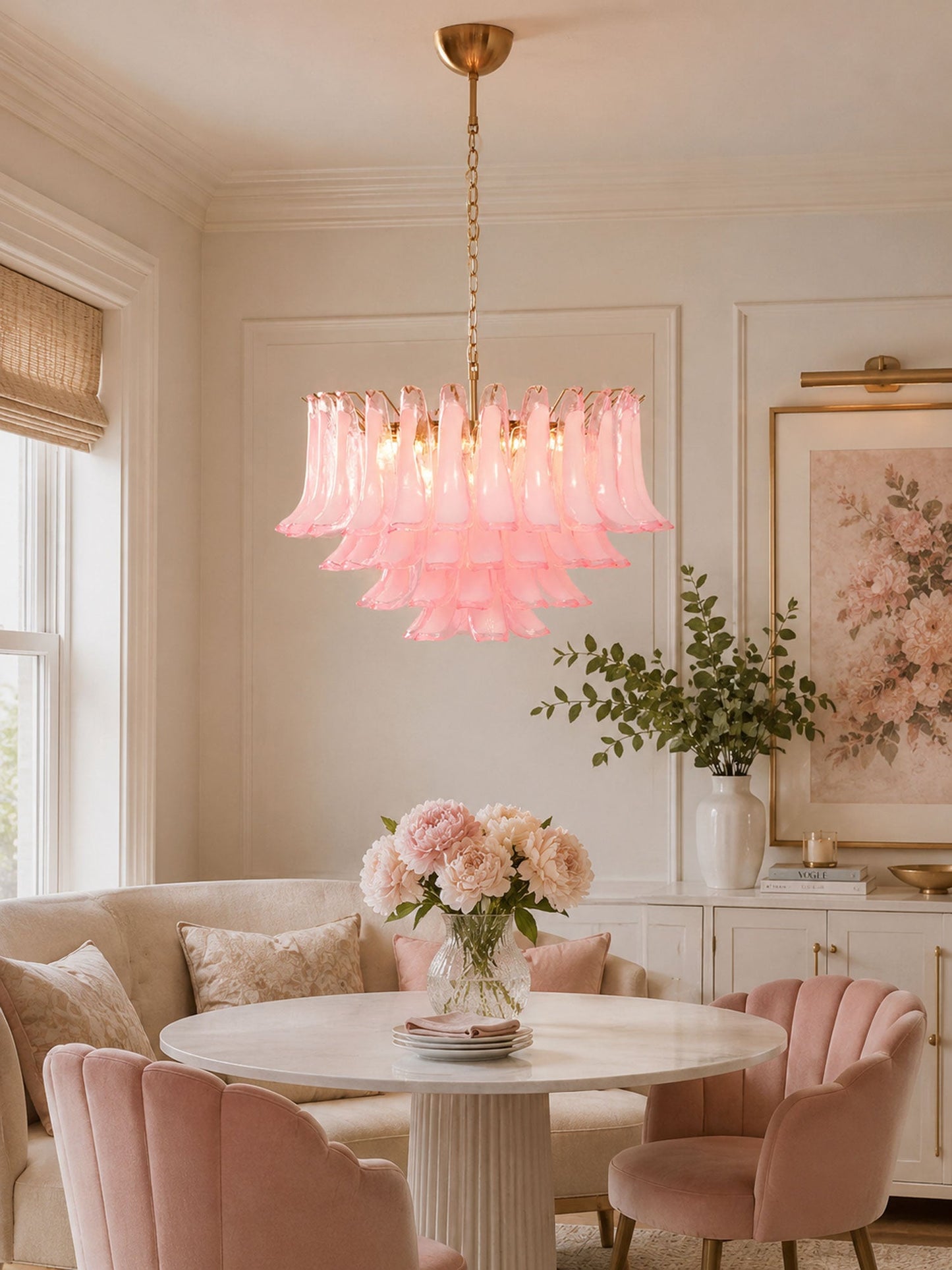 Fiora Pink Glass Chandelier - Elegant Design with Adjustable Height &