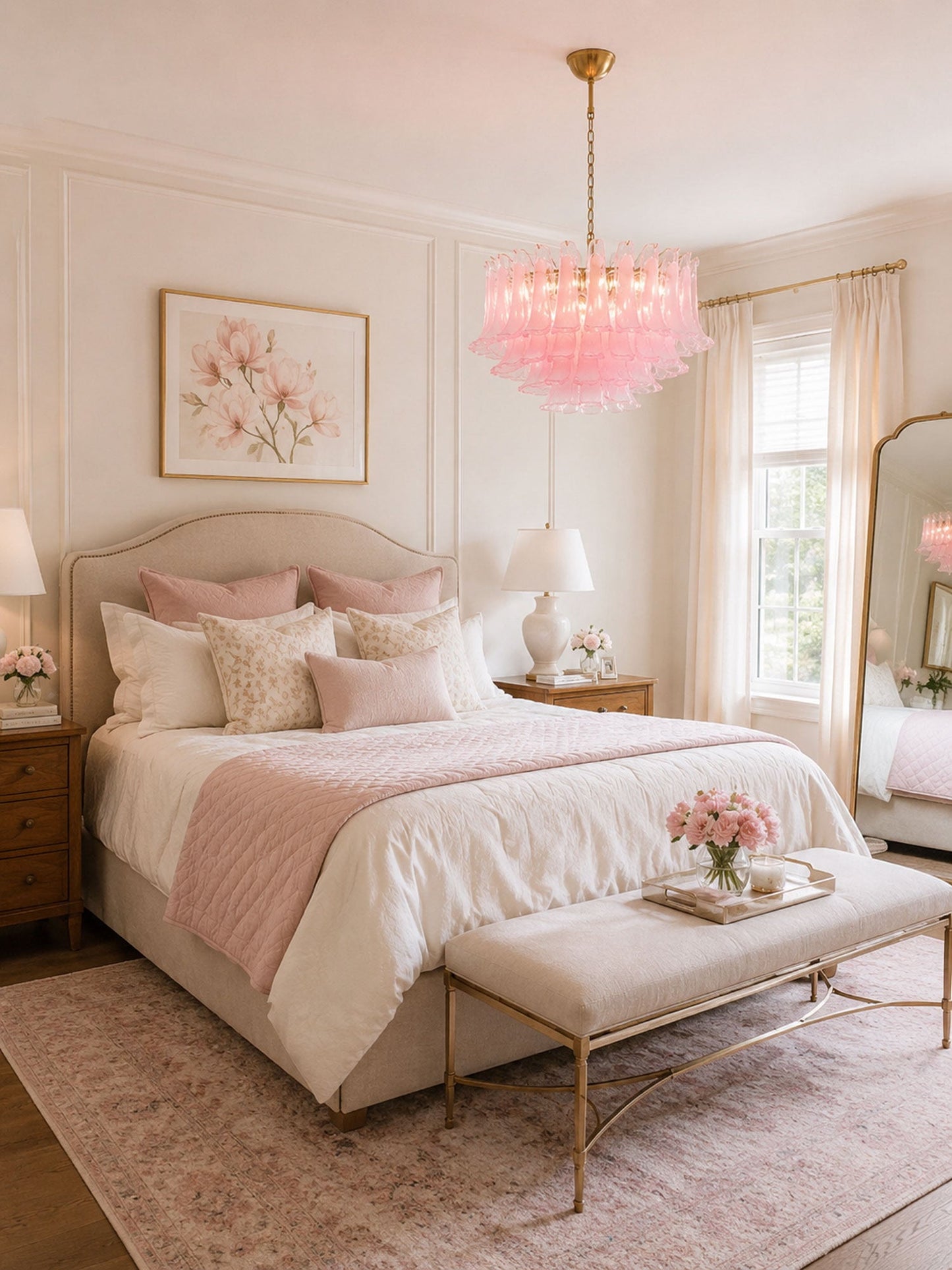 Fiora Pink Glass Chandelier - Elegant Design with Adjustable Height &