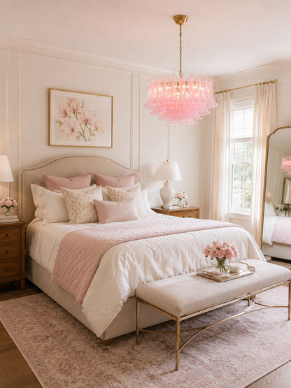 Fiora Pink Glass Chandelier - Elegant Design with Adjustable Height &