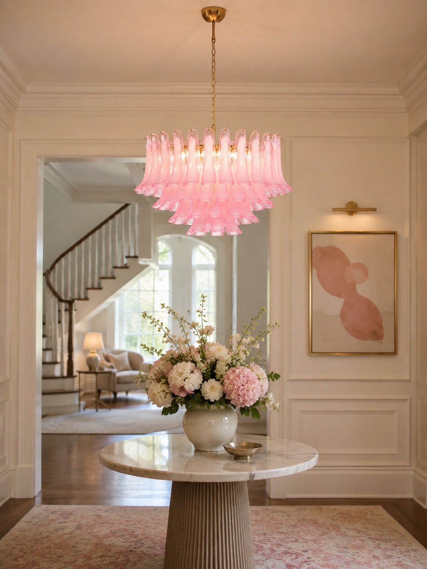Fiora Pink Glass Chandelier - Elegant Design with Adjustable Height &