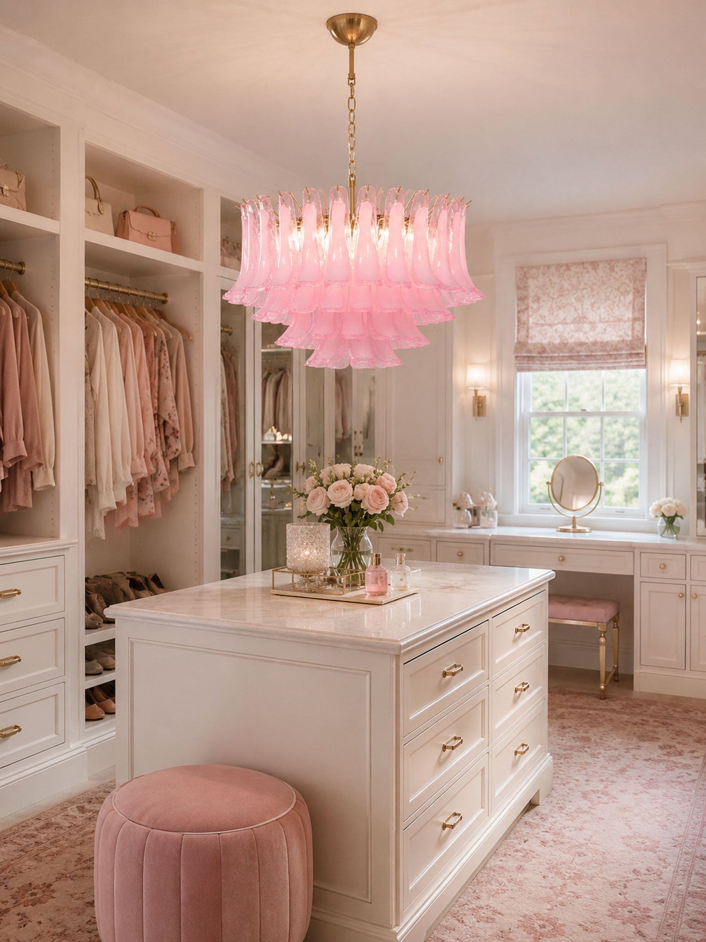 Fiora Pink Glass Chandelier - Elegant Design with Adjustable Height &
