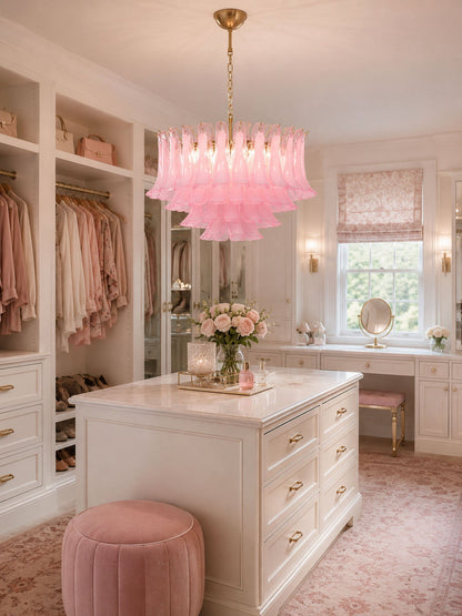 Fiora Pink Glass Chandelier - Elegant Design with Adjustable Height &