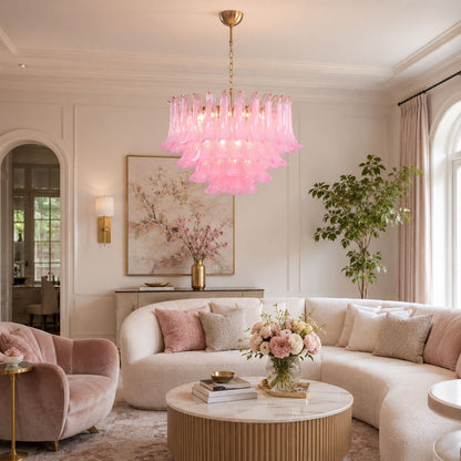 Fiora Pink Glass Chandelier - Elegant Design with Adjustable Height &