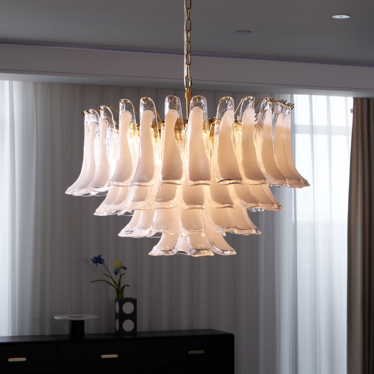 Fiora Pink Glass Chandelier - Elegant Design with Adjustable Height &