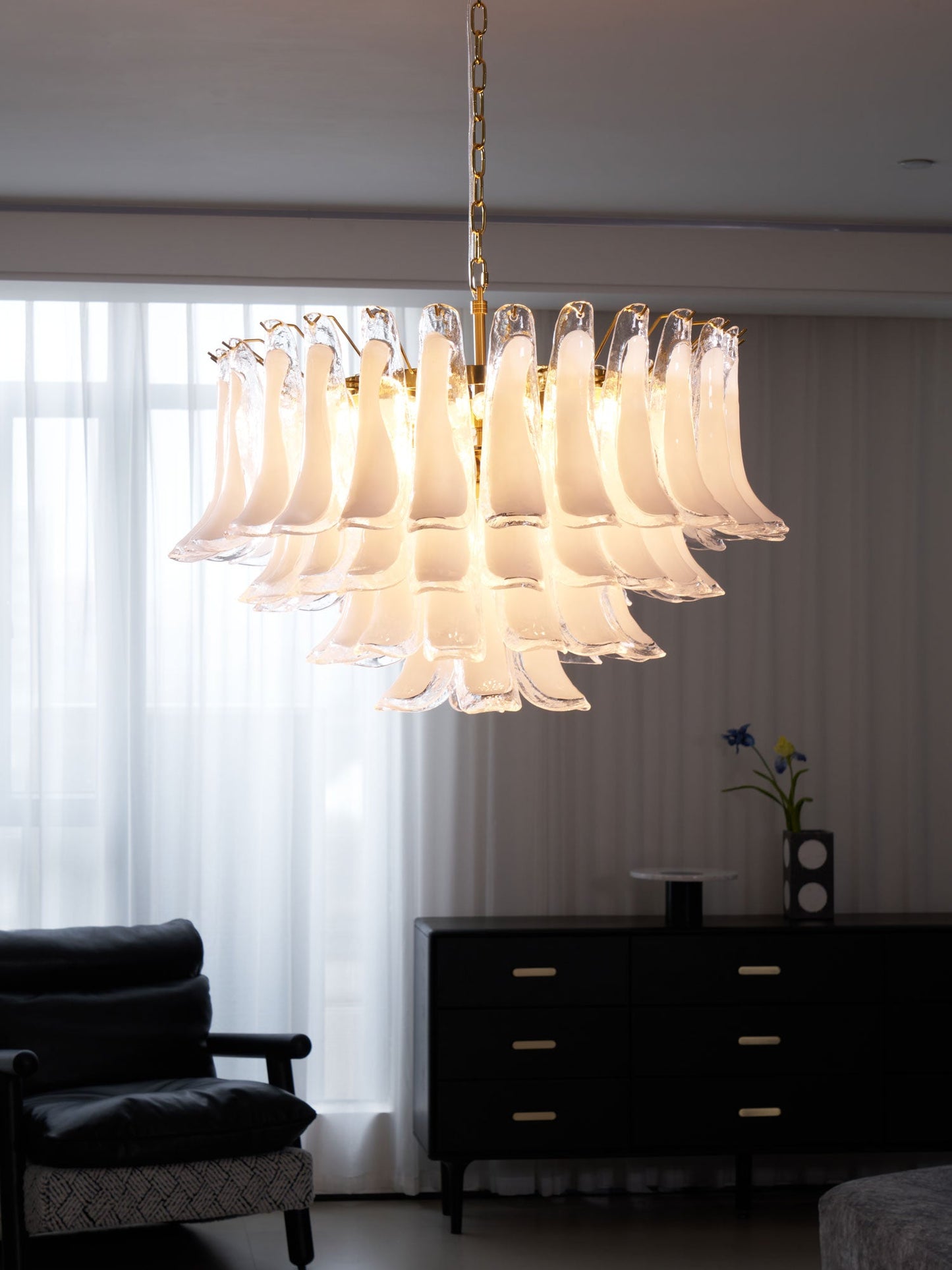 Fiora Pink Glass Chandelier - Elegant Design with Adjustable Height &